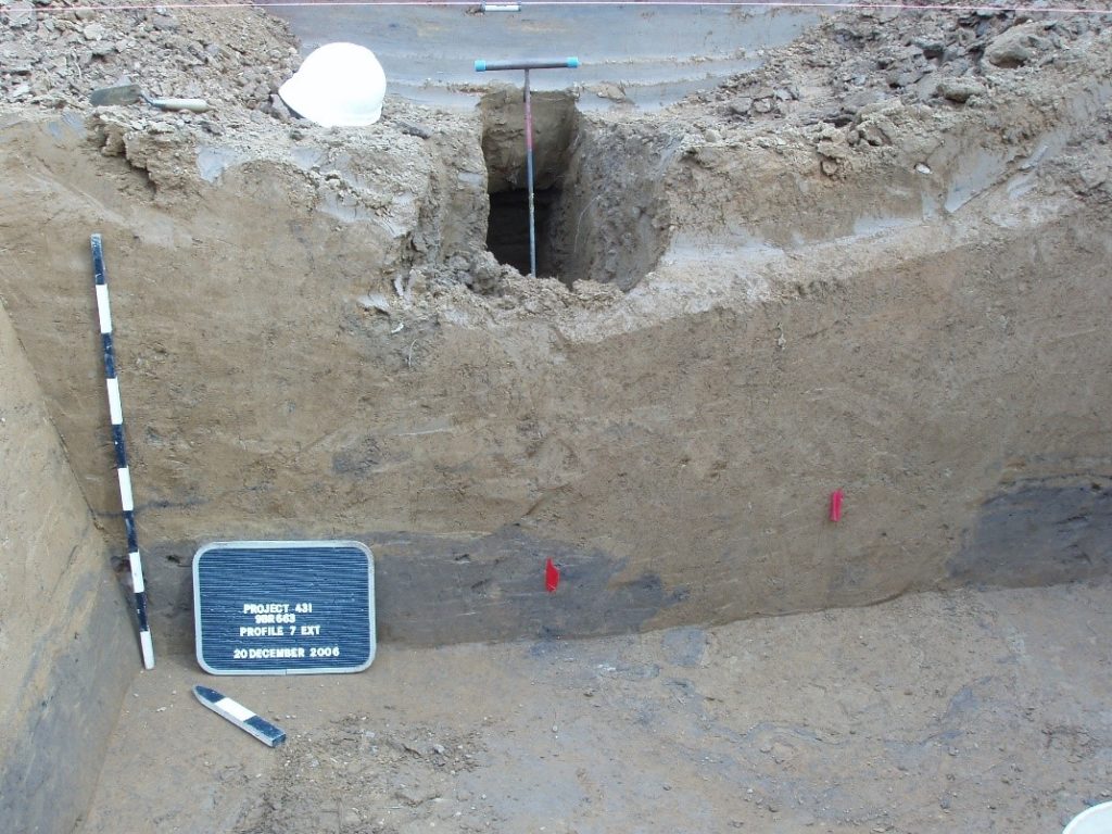 Figure 10. Photograph of eastern end of trench. Existing waterline along River Court SW running parallel to this trench wall is marked by blue-handled probe. Feature 2498 is the small dark soil stain marked by the red flag on the left, while the center of the large post feature, Feature 2497, is marked by the red flag on the right. The dark soil lens in the trench profile is a midden, while the homogenous brown soil atop it and in the hole left by the removal of the large post in Feature 2497 is believed to be the first stage of Mound B. Note that remnants of the midden ring the large post feature from when it was extracted.