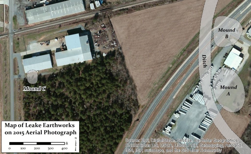 Figure 12. Leake Site earthworks and modern development.
