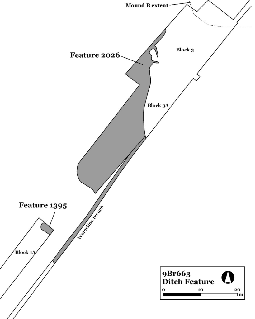 Figure 14. Map showing location of ditch feature in the area south of Mound B (Keith 2010:111 Figure 109).