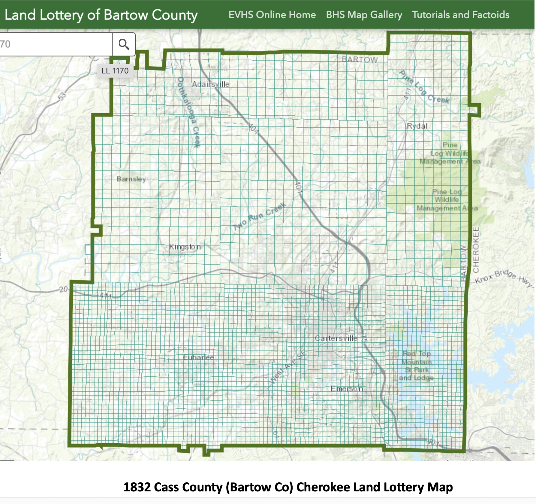 1832 Cass County (Bartow Co) Cherokee Land Lottery Map