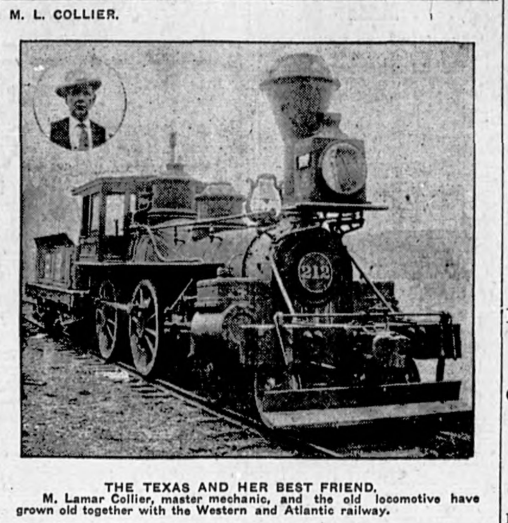 The Texas and her Best Friend. M. Lamar Collier, master mechanic, and the old locomotive have grown old together with the Western and Atlantic railway.