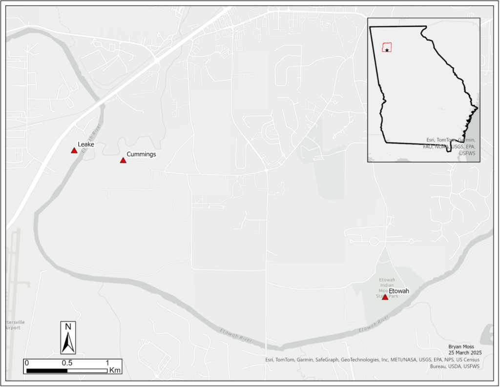 Figure 1. The Cummings site (and associated sites) along the Etowah River. Courtesy of Bryan Moss.